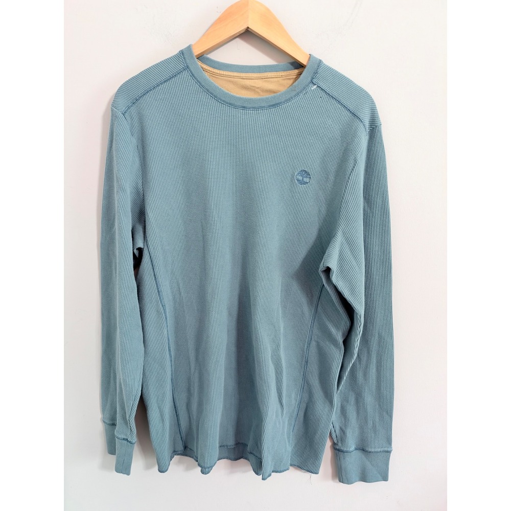 Timberland Thermal Shirt Mens Large Blue Waffle Knit Long Sleeve Crew Neck Logo